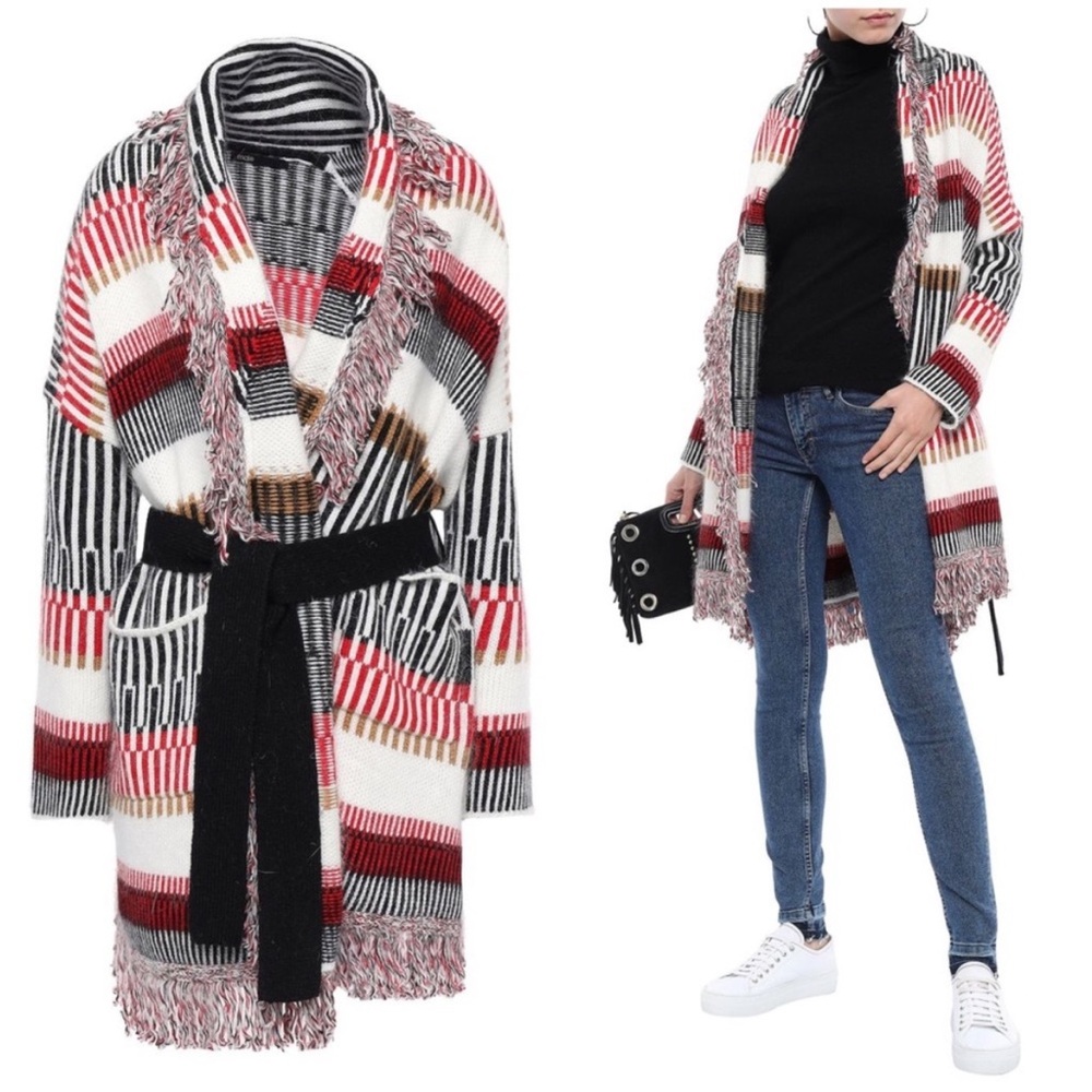 Maje Belted Cardigan Sweater Striped Size 1 Oversized Soft Wool Blend Fringe